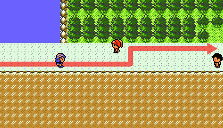 The ideal route to avoid combat through Route 44’s middle section. / Pokémon Crystal