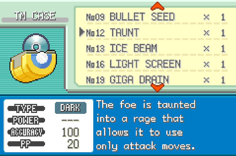 In-game details for TM12 Taunt. / Pokémon FireRed and LeafGreen