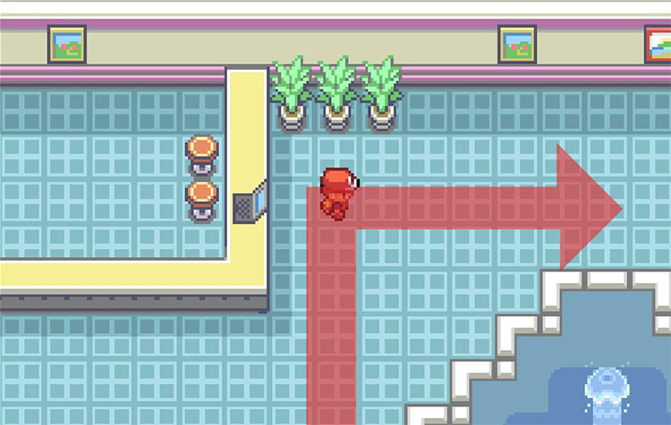 Turn east past the service desk. / Pokémon FireRed and LeafGreen