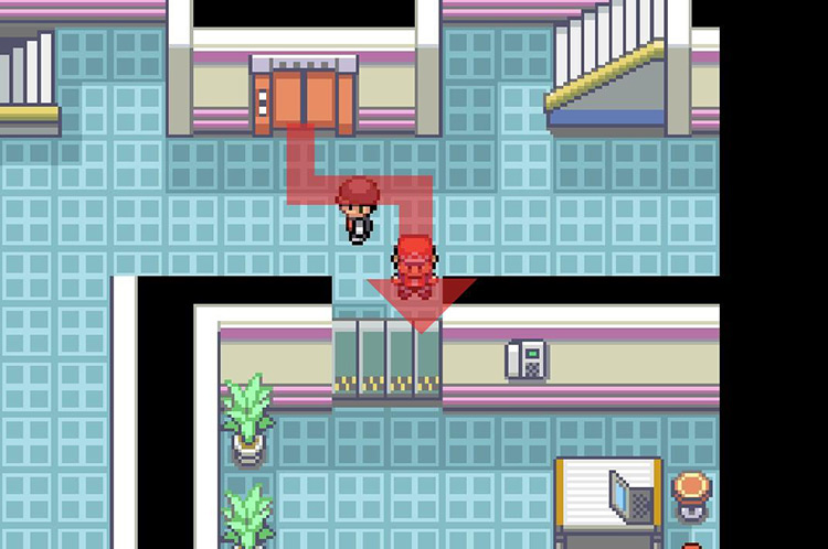 The central room just outside of the elevator in 7F. / Pokémon FireRed and LeafGreen