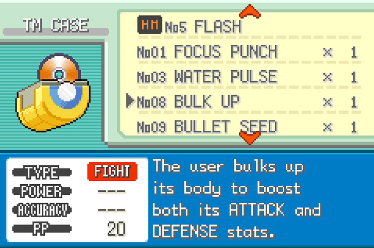 In-game details for TM08 Bulk Up. / Pokémon FireRed and LeafGreen