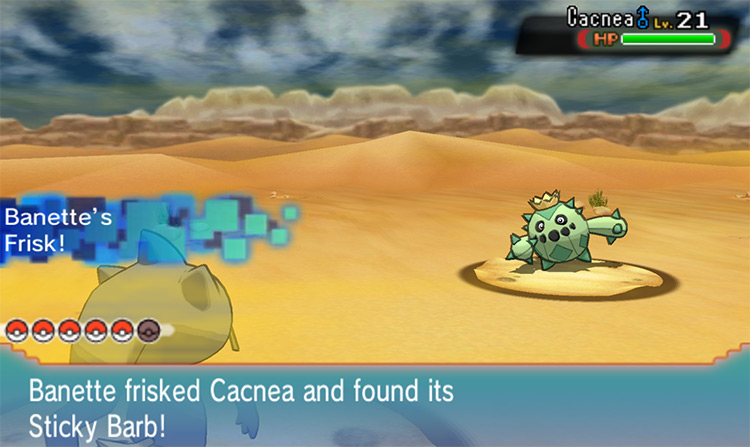 Banette identifies Cacnea’s held item with Frisk. / Pokémon Omega Ruby and Alpha Sapphire