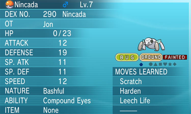 A fainted Nincada with Compound Eyes. / Pokémon Omega Ruby and Alpha Sapphire