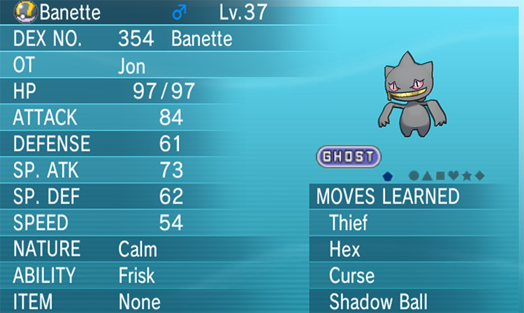 A Banette with the Frisk Ability and knows the move Thief. / Pokémon Omega Ruby and Alpha Sapphire