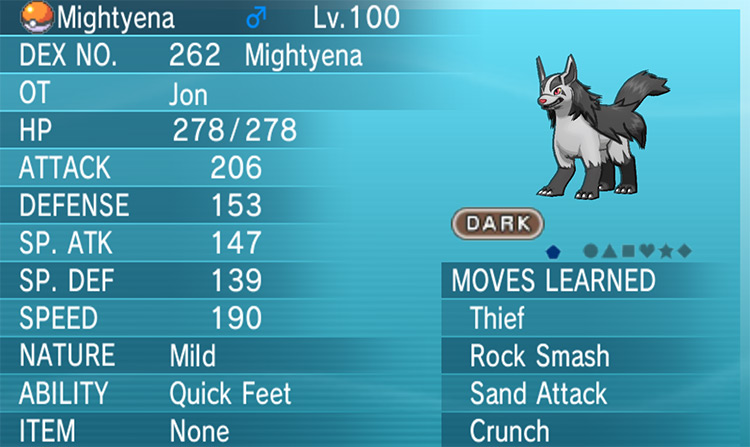 A Mightyena that knows the move Thief. / Pokémon Omega Ruby and Alpha Sapphire