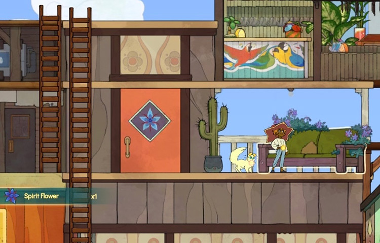You can find Giovanni’s spirit flower in the couch of Astrid’s Bungalow / Spiritfarer
