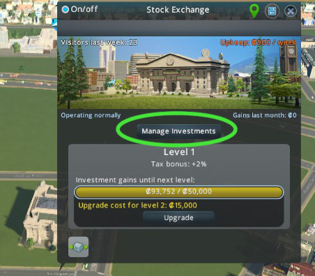 The Manage Investments button in the Stock Exchange detail panel / Cities: Skylines