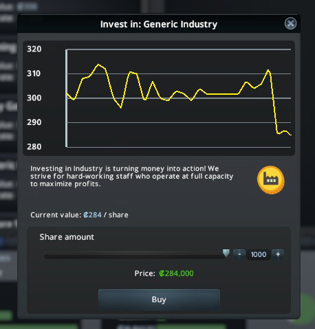 The Invest In panel lets you choose how much to spend on stocks / Cities: Skylines