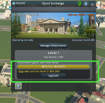 The progress bar and Upgrade button on the Stock Exchange panel / Cities: Skylines