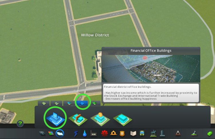Financial Office Buildings in the Office Specializations tab / Cities: Skylines
