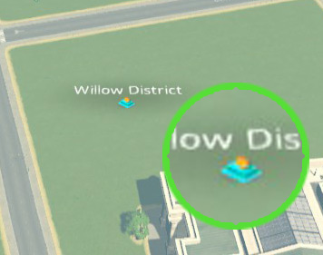 This icon of a cyan block with a coin on top will appear to indicate that the district has the Financial Offices specialization / Cities: Skylines