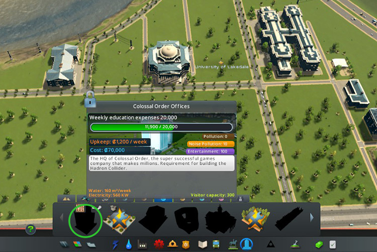 You can check your current weekly education spending by hovering over the Colossal Order Offices’ silhouette in the Unique Buildings menu / Cities: Skylines