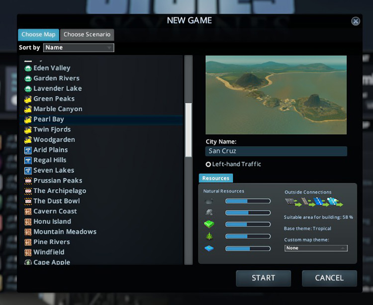 Pearl Bay in the new game screen / Cities: Skylines