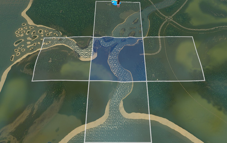 The four tiles adjacent to your starting area that you can choose from as your first expansion / Cities: Skylines