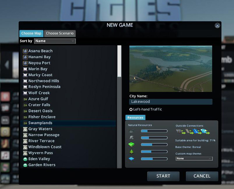Swamplands in the new game screen / Cities: Skylines