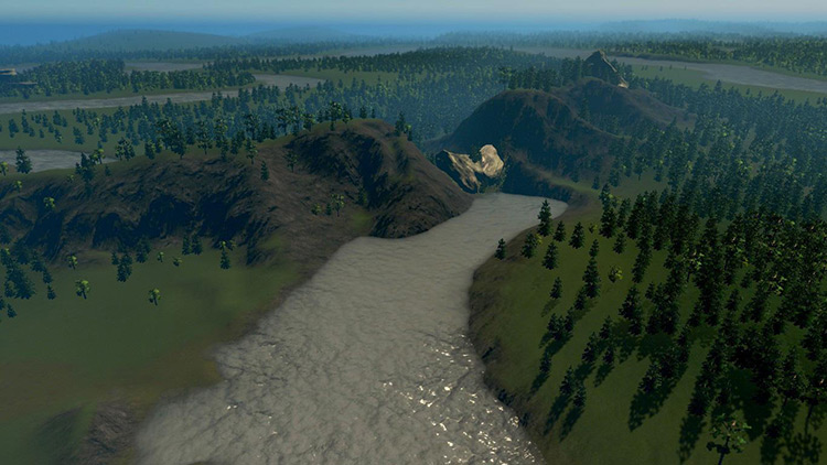 Beautiful details such as this small hill range by a river make Swamplands a visually interesting map despite being mostly flat / Cities: Skylines