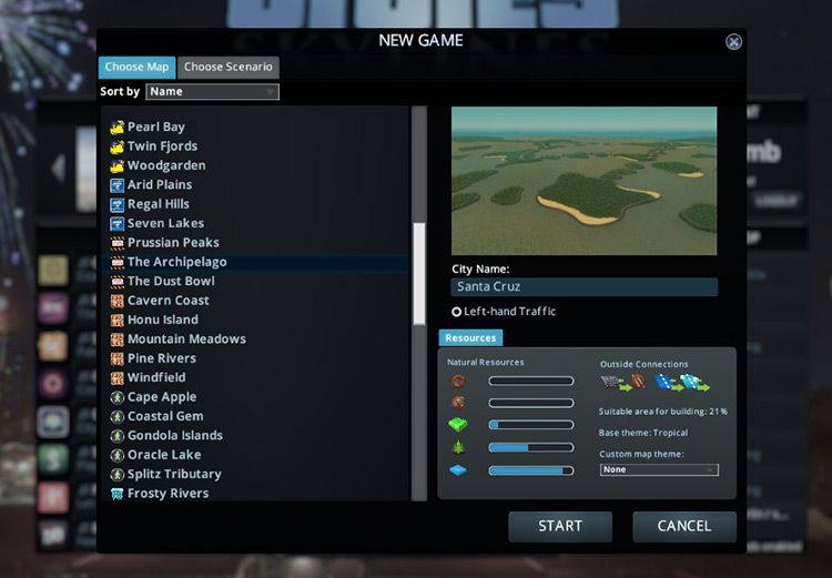 The Archipelago in the New Game Screen / Cities: Skylines