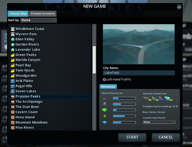 Prussian Peaks in the new game screen / Cities: Skylines