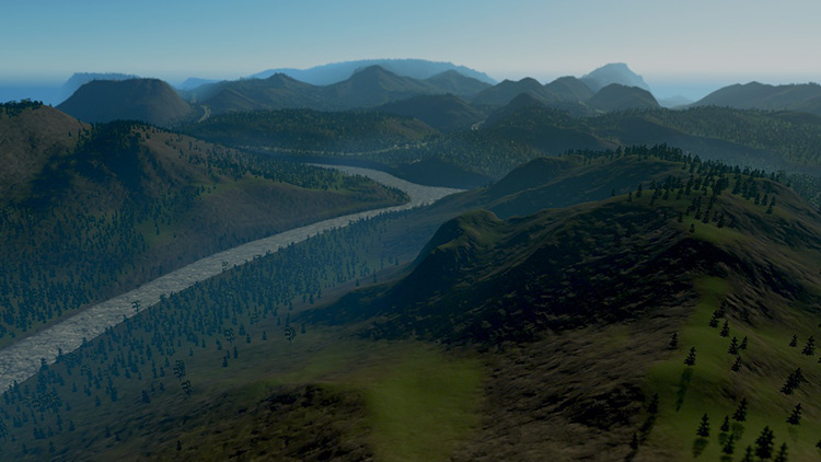 The mountainous terrain of the Prussian Peaks map can make building difficult / Cities: Skylines