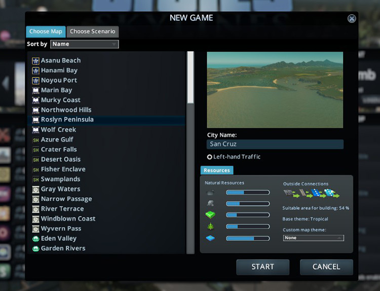 Roslyn Peninsula in the new game screen / Cities: Skylines
