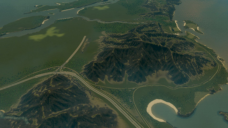 The highway and railway lines going between the mountains / Cities: Skylines