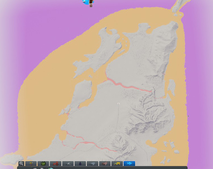 The location of anchovy (yellow), salmon (salmon pink), and shellfish (magenta) on roslyn peninsula / Cities: Skylines