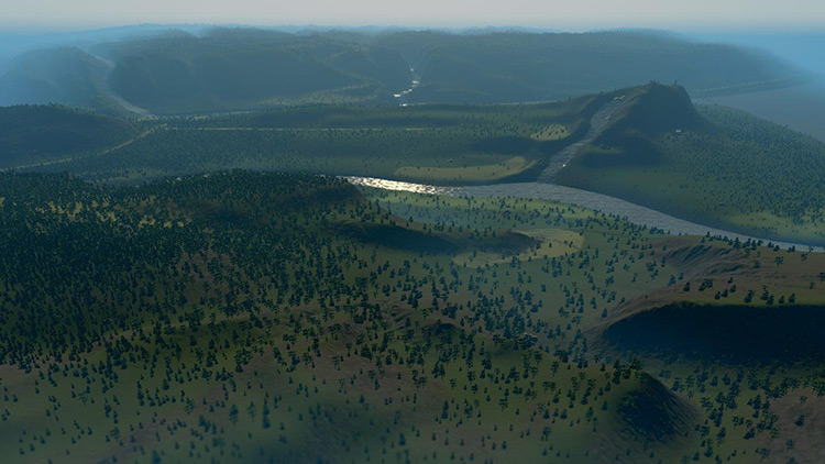 The mountainous terrain of the Twin Fjords map / Cities: Skylines