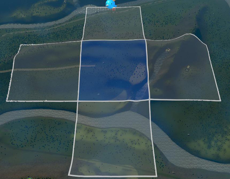 The four tiles adjacent to your starting tile on Twin Fjords / Cities: Skylines