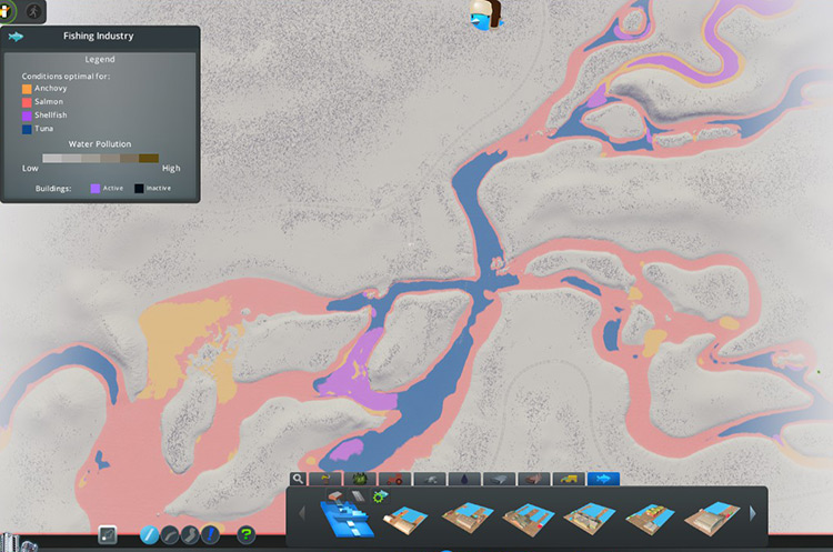 You’ll find fish in all parts of Woodgarden’s river network / Cities: Skylines
