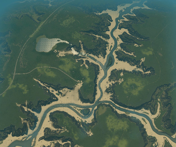 A bird’s eye view of the Wyvern Pass map / Cities: Skylines