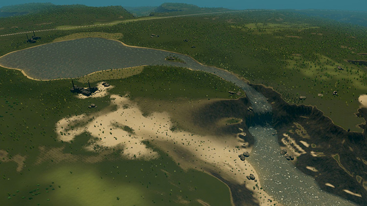 A lake and waterfalls in the northwestern part of the Wyvern Pass map / Cities: Skylines