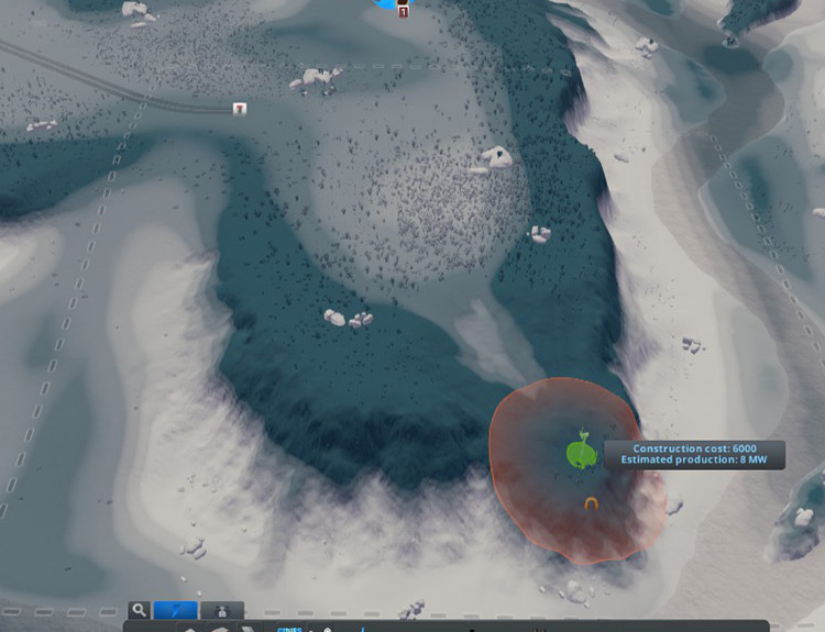 The Wyvern Pass starting tile in Wind info view. There’s strong wind along the cliffs of the plateau / Cities: Skylines
