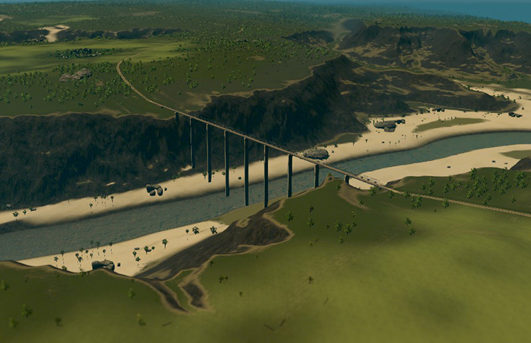This built-in railway bridge traverses one of the many canyons of Wyvern Pass / Cities: Skylines
