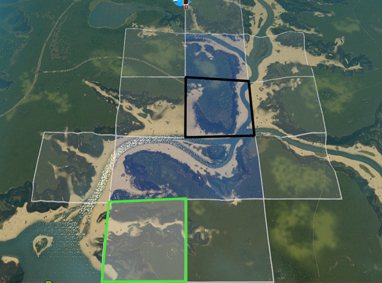 You’ll need to purchase several expansions from your start tile (black) to reach the nearest tile that can access the ship route (green) / Cities: Skylines