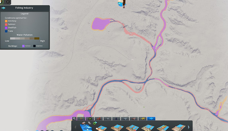 The location of fish on Wyvern Pass / Cities: Skylines