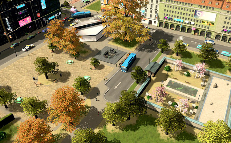 A bus stop and metro station next to a plaza and Japanese garden / Cities: Skylines