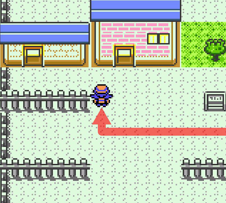 Facing the barn (left) and main house (right) of Moomoo Farm / Pokémon Crystal