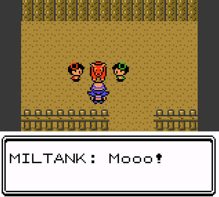 Talking to Moomoo the Miltank after feeding it seven Berry items / Pokémon Crystal