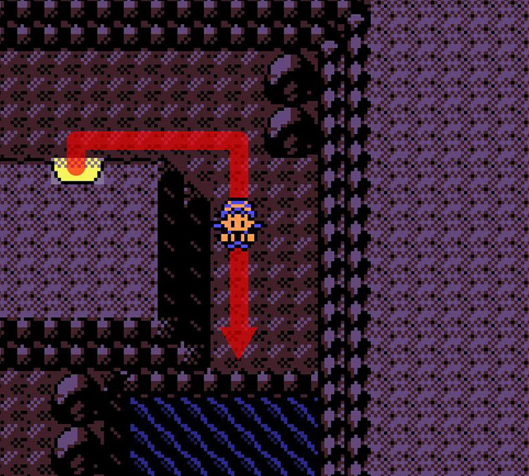 Approaching the underground lake in the Dark Cave (near Route 45 entrance) / Pokémon Crystal