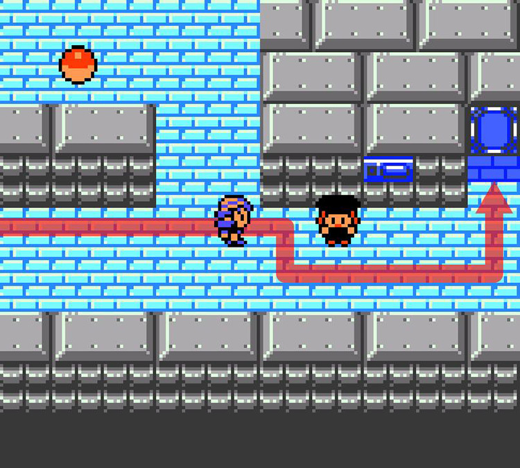Approaching the door to the Underground Warehouse. / Pokémon Crystal