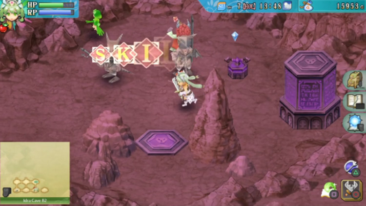 A room with two purple pillars and a purple switch in Idra Cave B2 / Rune Factory 4