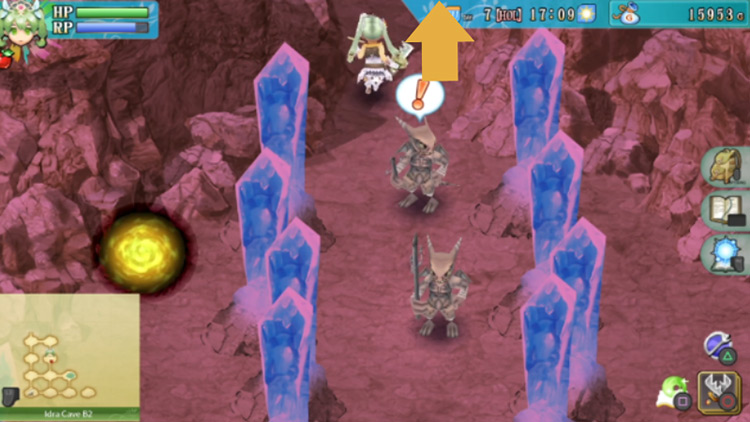 A room in Idra Cave B2 with crystal pillars forming walls on either side / Rune Factory 4
