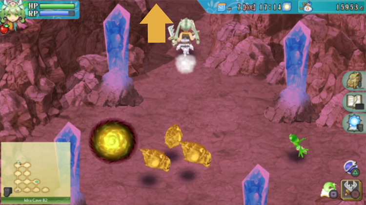 A room in Idra Cave B2 with four crystal pillars / Rune Factory 4