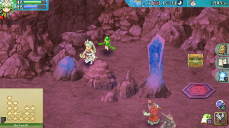 A room in Idra Cave B2 with a button, a red pillar, and a chest containing a Choco Cookie / Rune Factory 4
