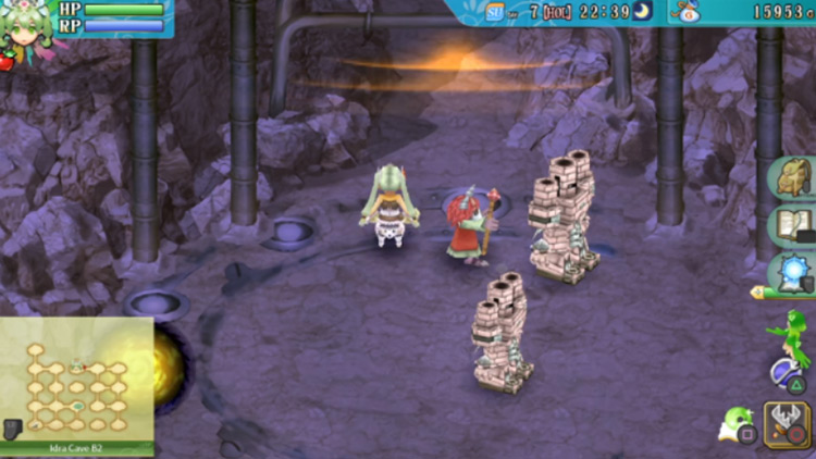 A dim room in Idra Cave B2 with a barrier blocking the path heading north / Rune Factory 4