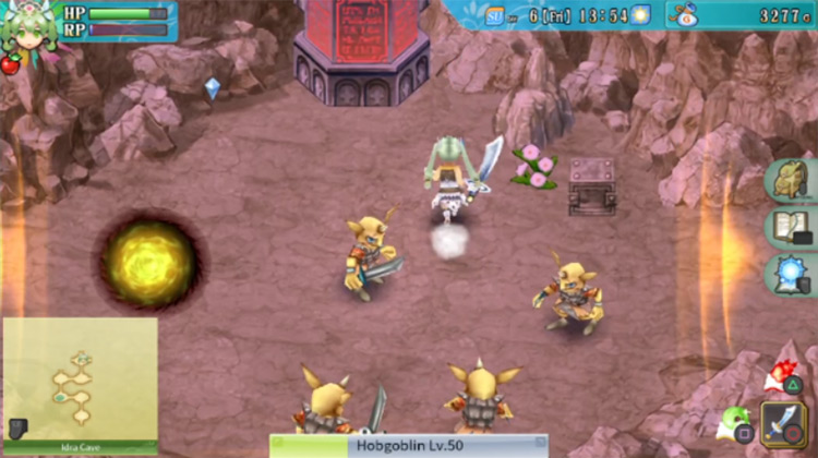 An area in Idra Cave where barriers and pillars are blocking the way forward / Rune Factory 4