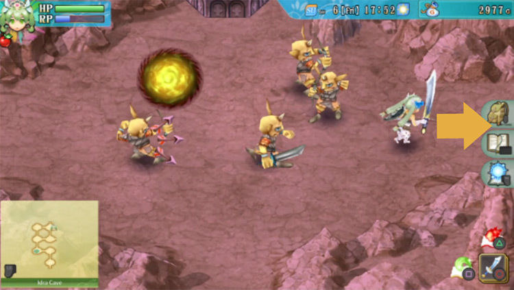 An intersection in Idra Cave where a red pillar and a yellow pillar block the path north / Rune Factory 4