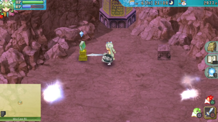 An area in Idra Cave where a green pillar is blocking the way north / Rune Factory 4