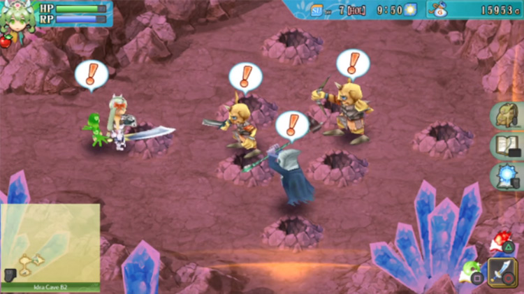 A room in Idra Cave B2 filled with geysers and monsters / Rune Factory 4