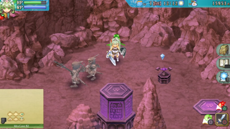 A room in Idra Cave B2 with a purple switch and two purple pillars / Rune Factory 4